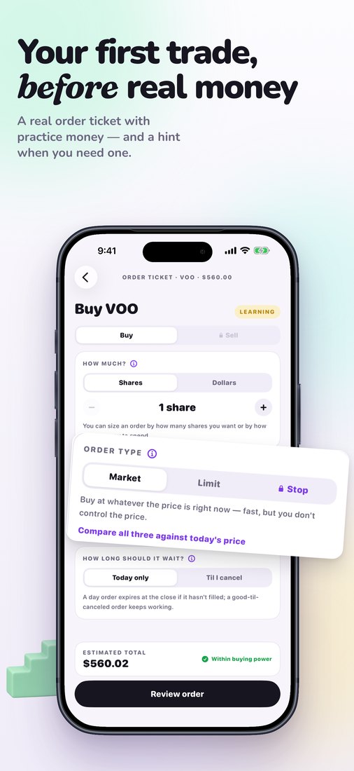 Your first trade, before real money. A real order ticket with practice money — and a hint when you need one.
