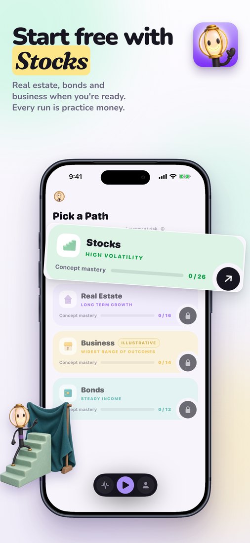 Start free with Stocks. Real estate, bonds and business when you're ready. Every run is practice money.